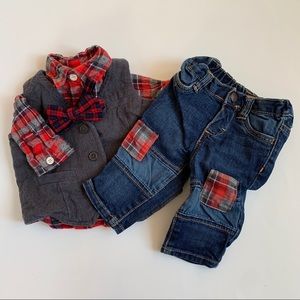 4 piece outfit: bowtie, shirt, vest and jeans